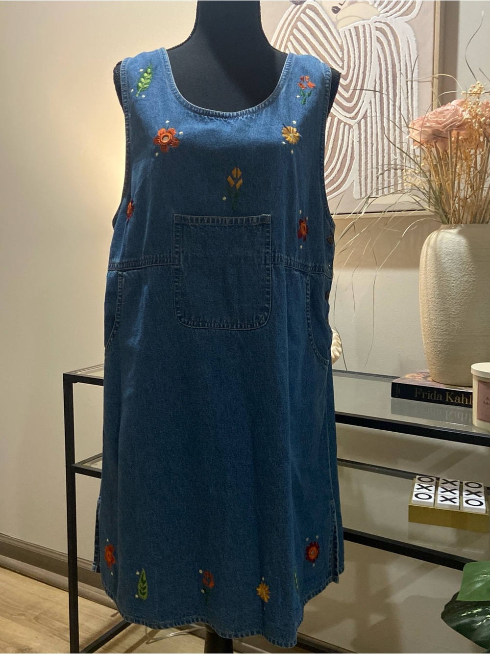 Embroidered Denim Midi Pinafore Dress in Blue